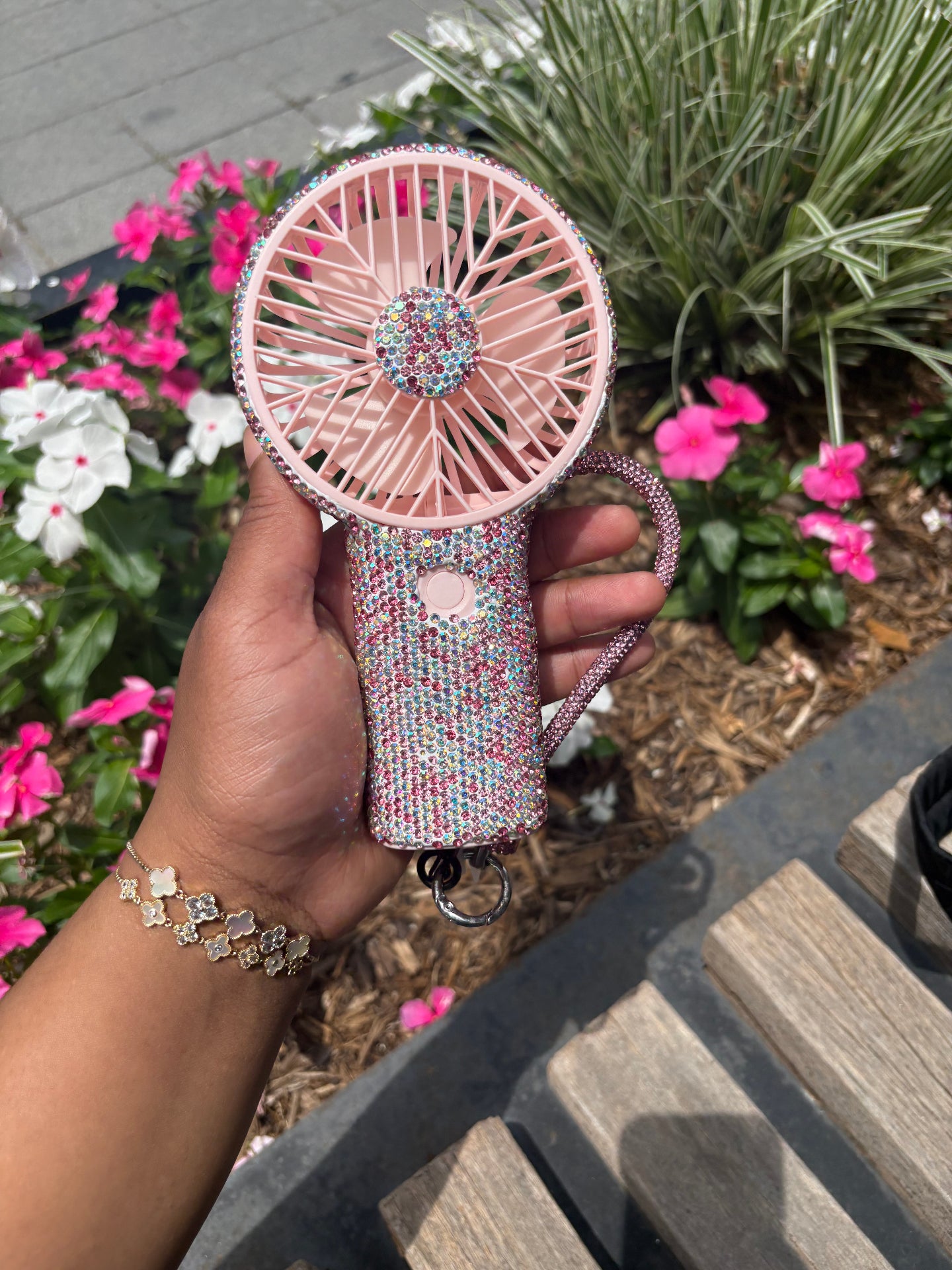 Bedazzled pink handheld fan multicolor rhinestones