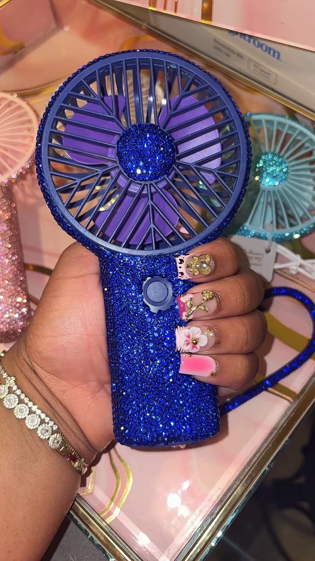 Royal Blue Crystal Bedazzled Handheld Fan