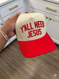 Y'all Need Jesus Hat - cream crown with red brim and red embroidery
